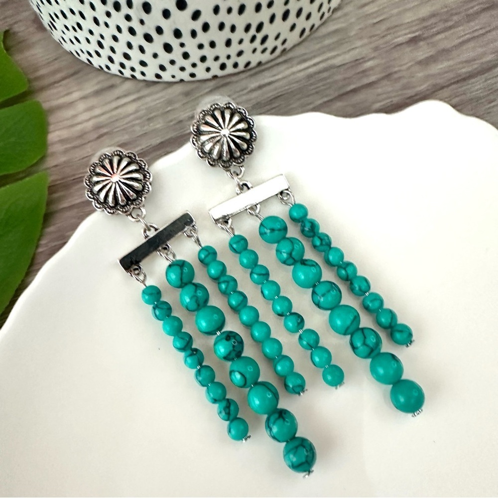 2/$30🌵 Teal Bead Waterfall Tassel Earrings Western Bohemian Southwest Gift NEW